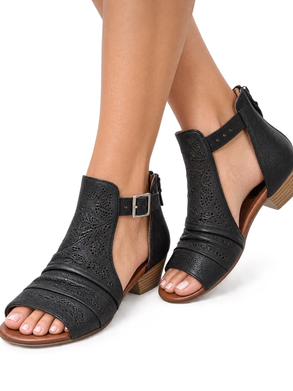 Miz Mooz Fifi Black Leather Sandals EU 38 Perforated Boho Gladiator Ankle Strap